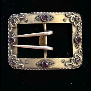 Victorian Gilted Brass Belt Buckle w/ Amethyst Paste Stones